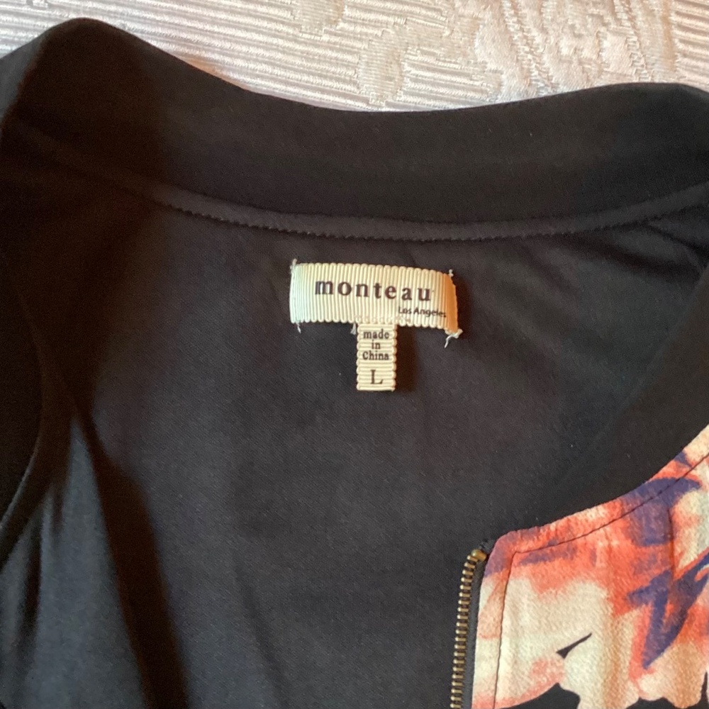 NWOT Monteau Black Floral Bomber Jacket Lightweight Zip Up Womens Size L - Picture 7 of 11